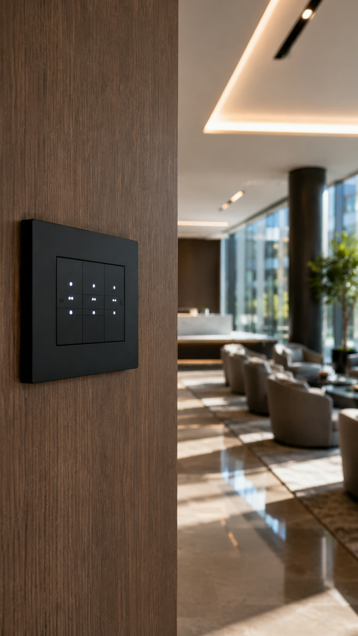Black keypad lighting control panel on a walnut wall beside a lit lobby
