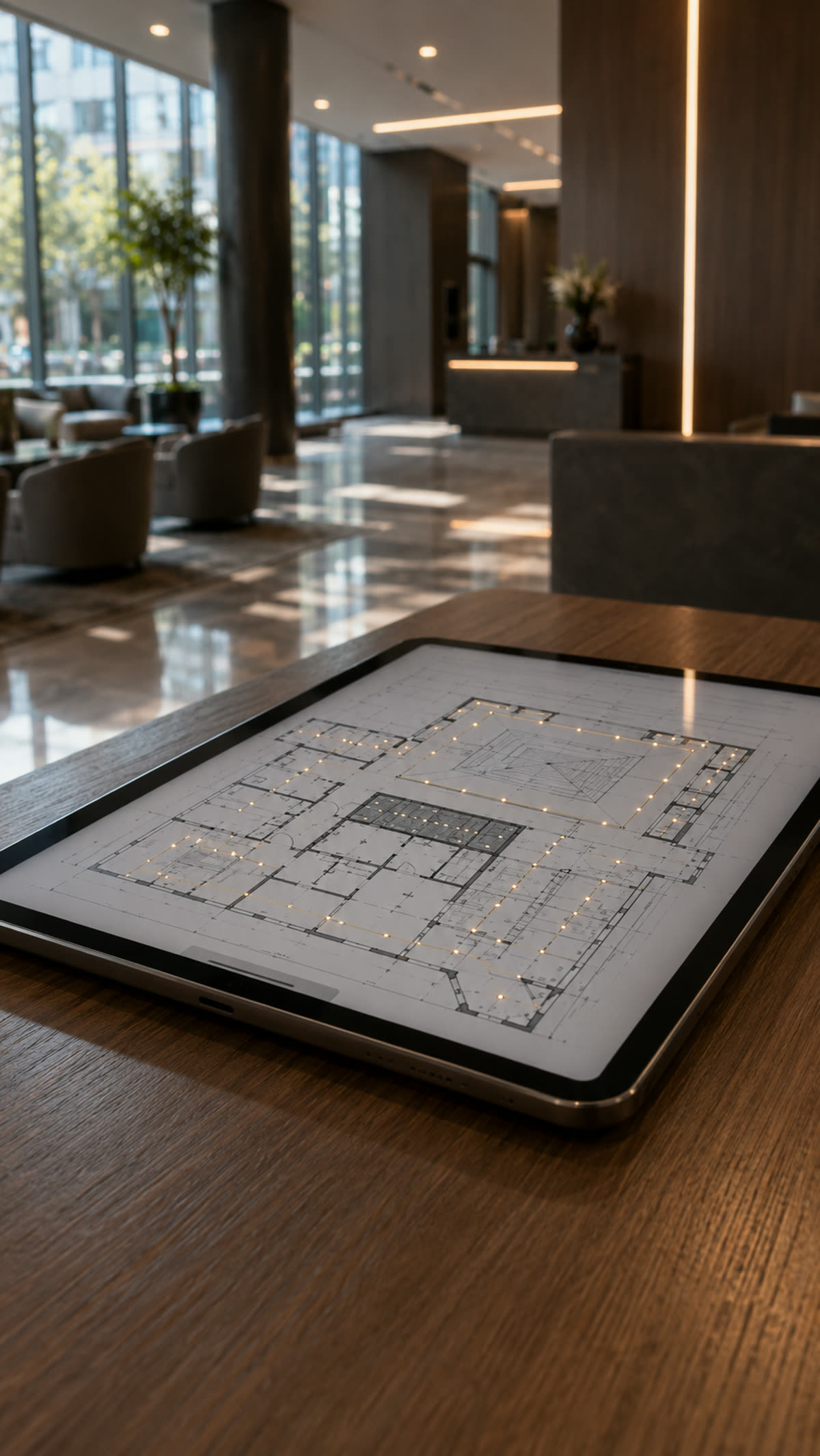 Tablet on a table showing a photometric fixture layout over a floor plan