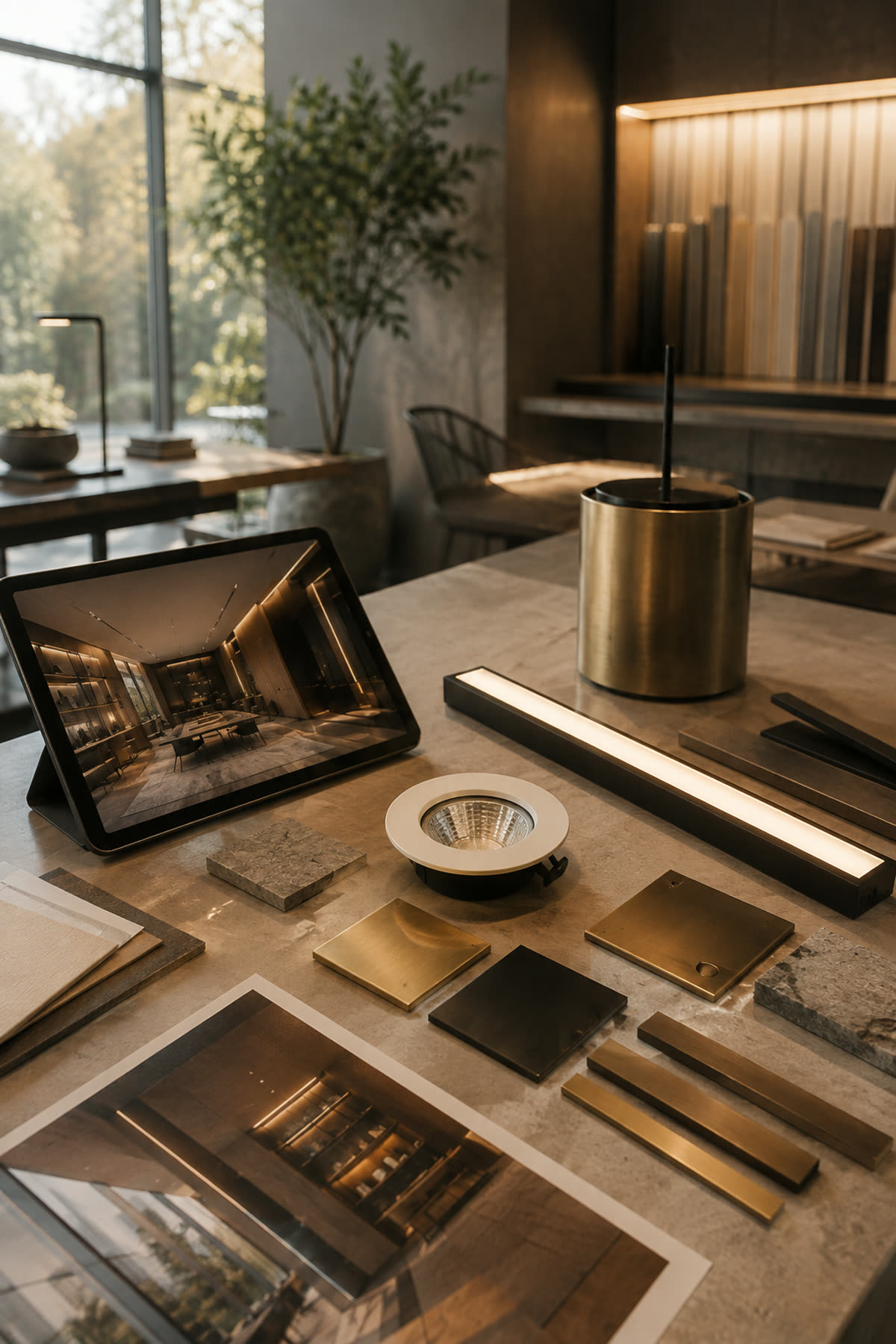 Lighting design desk with fixture samples, metal finishes and a rendering on a tablet