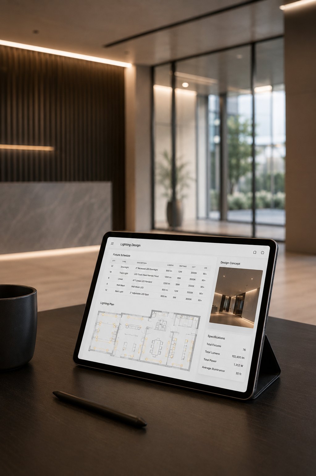 Tablet in a modern lobby showing a lighting design package with fixture schedule, plan and specifications